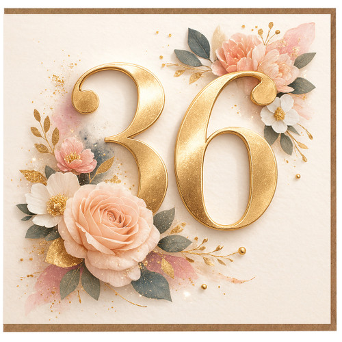 36th Birthday Card, Floral Gold Number 36 Card
