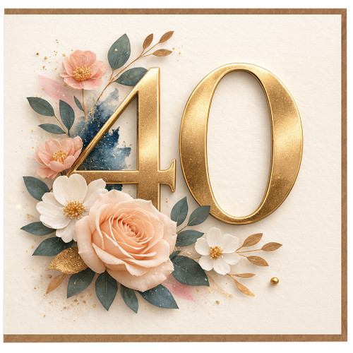 40th Birthday Card, Floral Gold Number 40 Card
