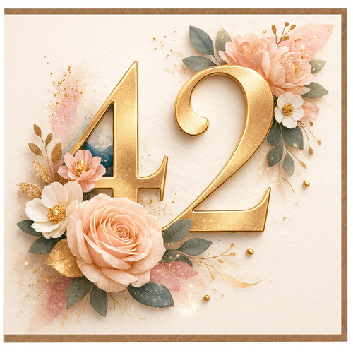 42nd Birthday Card, Floral Gold Number 42 Birthday Card