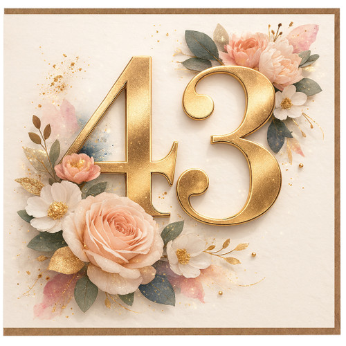 43rd Birthday Card, Floral Gold Number 43 Birthday Card