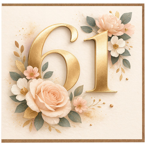 61st Birthday Card, Elegant Floral Gold Number 61 Card
