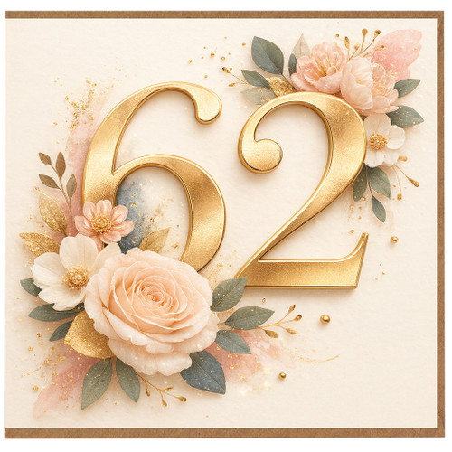 62nd Birthday Card, Elegant Floral Gold Number Card