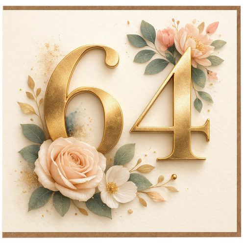 64th Birthday Card, Floral Gold Number 64 Birthday Card