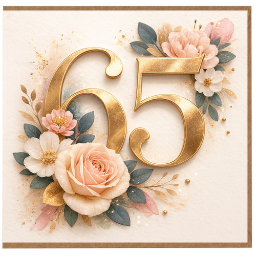 65th Birthday Card, Elegant Floral Gold Number Card