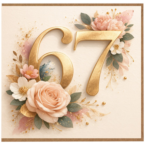 67th Birthday Card, Elegant Floral Gold Number 67 Card