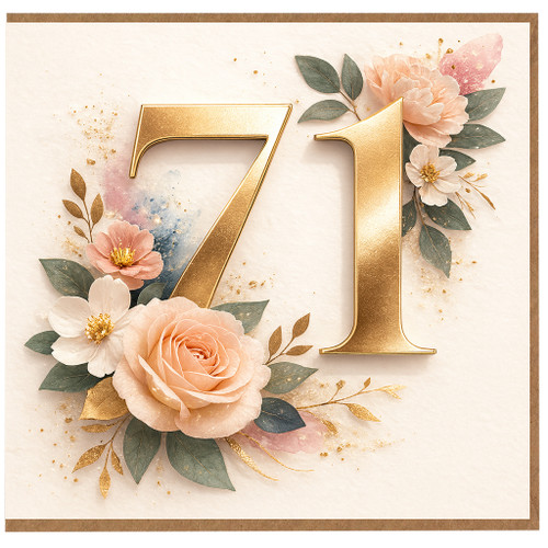 71st Birthday Card, Gold Floral Number 71 Card