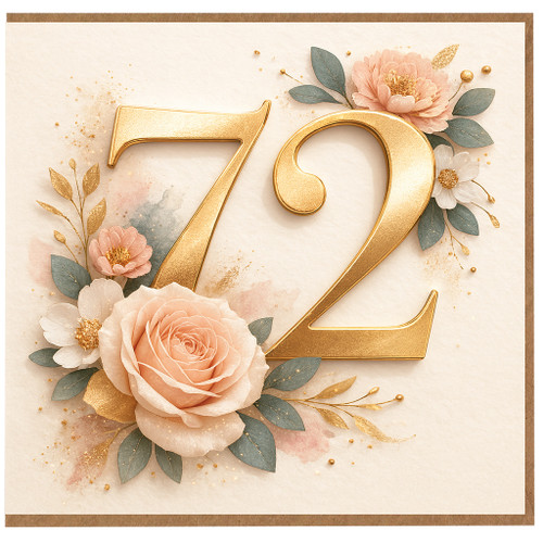 72nd Birthday Card, Floral Gold Number 72 Birthday Card