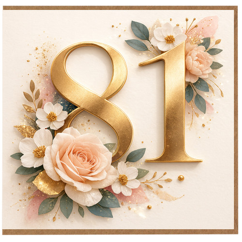 81st Birthday Card, Floral Gold Number 81 Birthday Card