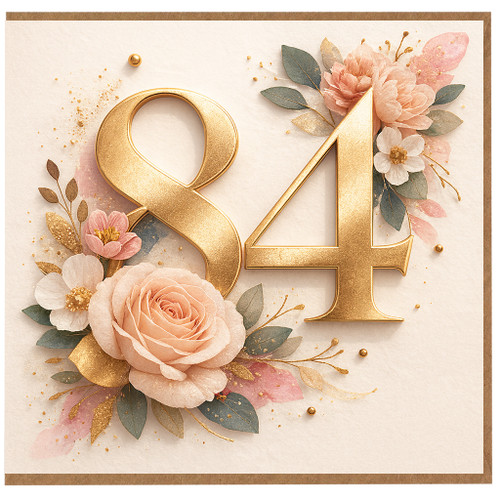 84th Birthday Card, Elegant Gold Number 84 Floral Birthday Card