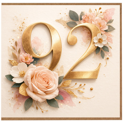 92nd Birthday Card, Floral Gold Number 92 Birthday Card