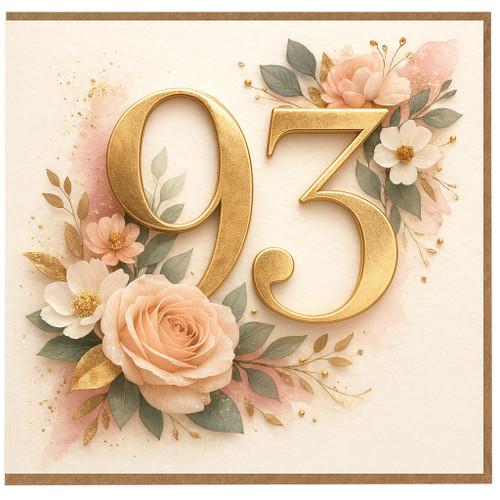 93rd Birthday Card, Floral Gold Number 93 Card