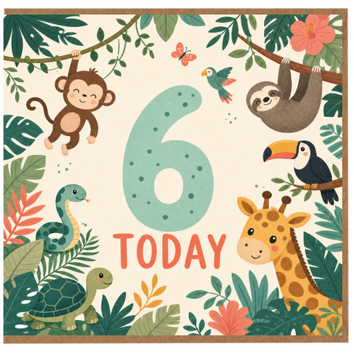 6th Birthday Card, Cute Jungle Animals Today Card