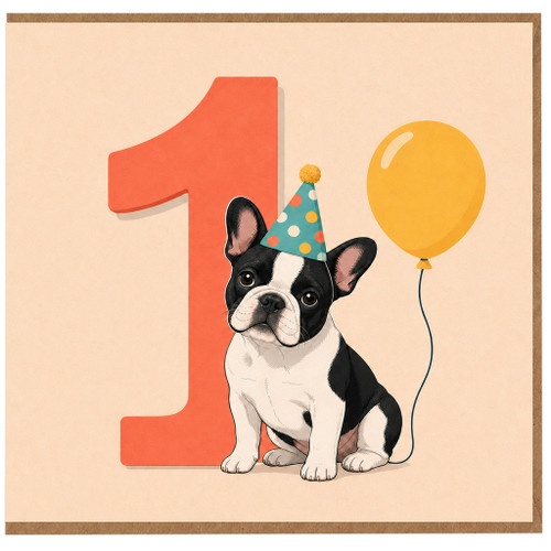 1st Birthday Card for Boy or Girl, Cute French Bulldog Puppy Party Card