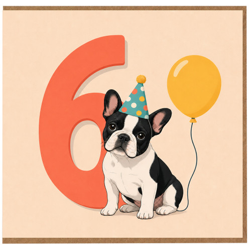 6th Birthday Card Cute French Bulldog with Party Hat and Balloon