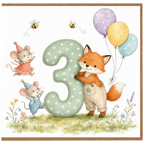 3rd Birthday Card for Child, Cute Fox and Mouse Balloon Design