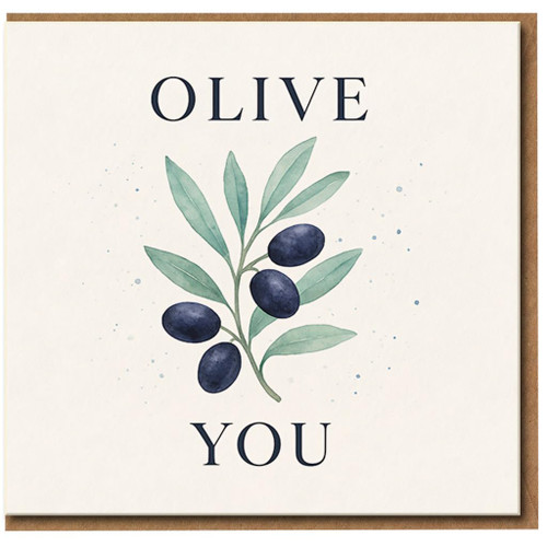 Olive You Pun Card - Cute Romantic Watercolour Olive Branch - Love/Anniversary & Valentine’s Day Card for Him or Her - Funny Pun Greeting Blank Inside