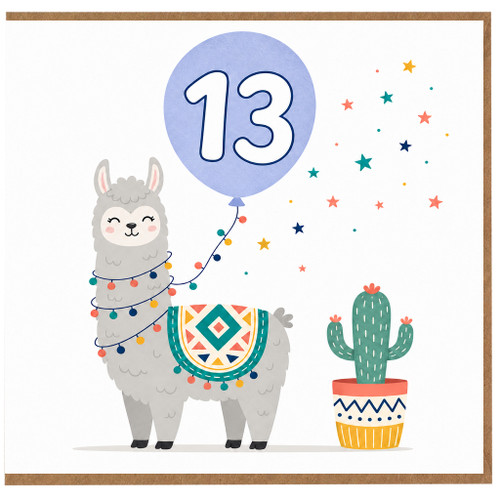 13th Birthday Card, Cute Llama and Cactus Card