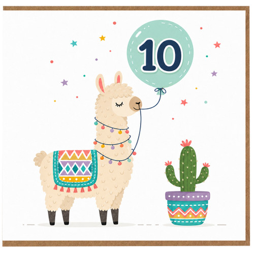 10th Birthday Card Cute Llama Balloon Design
