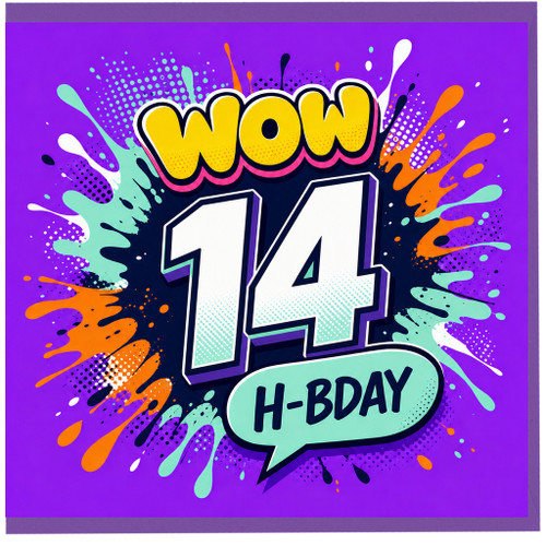 14th Birthday Card, Wow H - Bday Neon Splash Design
