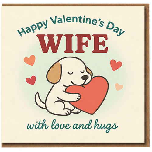Valentine's Day Card for Wife - Cute Puppy Hugging Heart, With Love and Hugs - Sweet Romantic Love Card from Husband