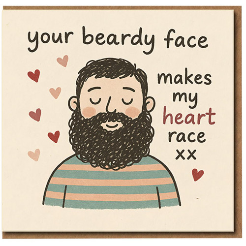 Your Beardy Face Makes My Heart Race Card - Cute Funny Romantic Card for Him, Boyfriend or Husband - Love/Anniversary Greeting - Bearded Man Design - Blank Inside