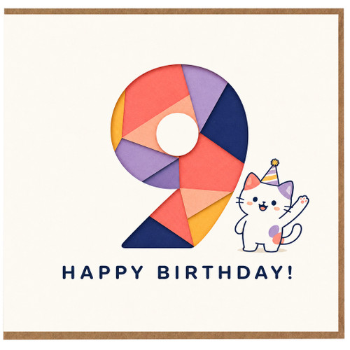 9th Birthday Card, Cute Cat Happy Birthday Card