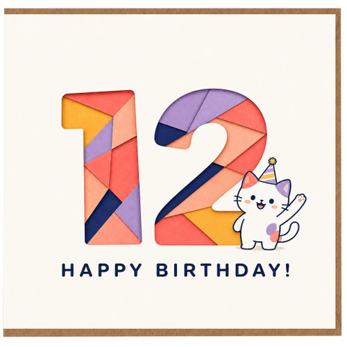 12th Birthday Card, Cute Cat Happy Birthday Card