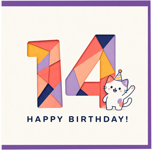 14th Birthday Card, Cute Cat Happy Birthday Card