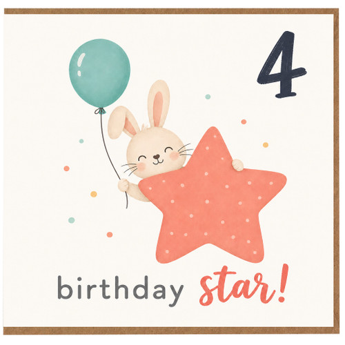 4th Birthday Card for Child, Cute Bunny Birthday Star Card