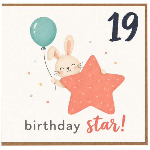 19th Birthday Card, Cute Bunny Birthday Star Card