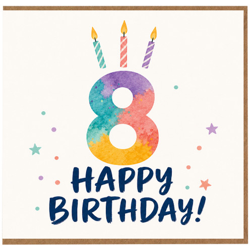 8th Birthday Card, Colourful Happy Birthday Card with Candles