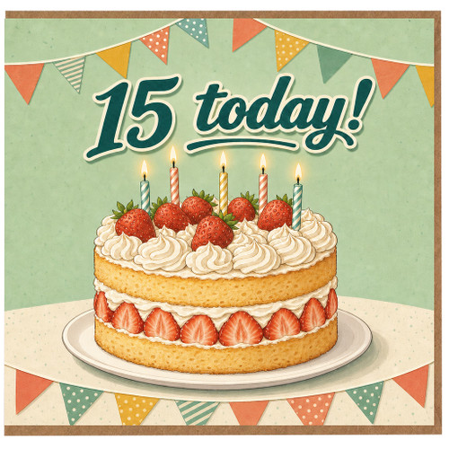15th Birthday Card, 15 Today Cake and Bunting Design