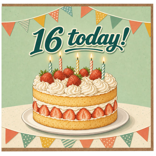 16th Birthday Card, 16 Today Strawberry Cake Design