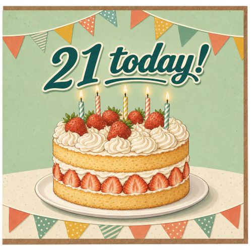 21st Birthday Card, 21 Today Cake and Strawberries Card