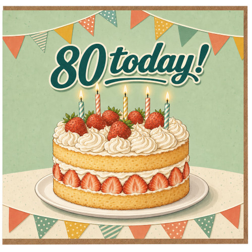 80th Birthday Card, Birthday Cake and Bunting Design