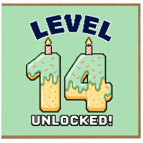 14th Birthday Card, Level 14 Unlocked Gamer Style Birthday Card