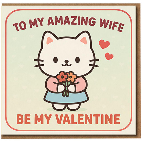 To My Amazing Wife Valentine’s Day Card - Cute Cat with Flowers & Hearts - Be My Valentine - Romantic Card for Wife