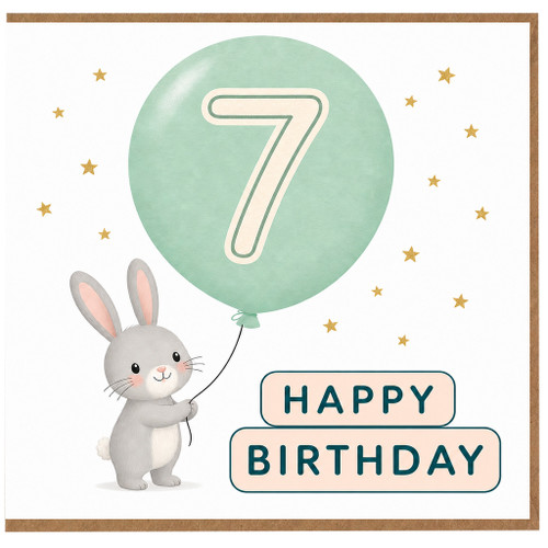 7th Birthday Card, Cute Bunny Happy Birthday Card