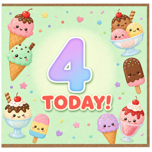 4th Birthday Card, Cute Ice Cream Today Card