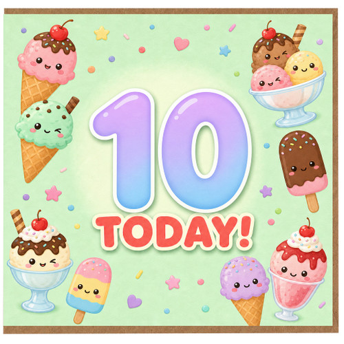 10th Birthday Card, Cute Ice Cream 10 Today Card