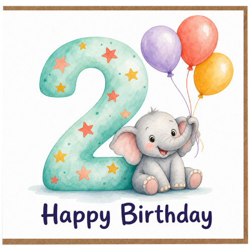 2nd Birthday Card, Cute Elephant Happy Birthday Card