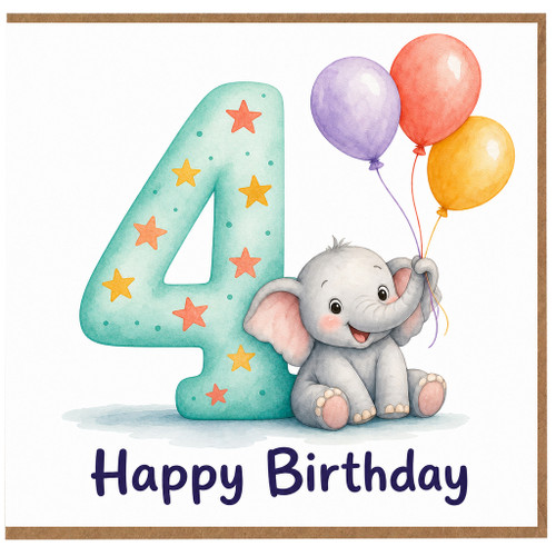 4th Birthday Card, Cute Elephant and Balloons Happy Birthday Card