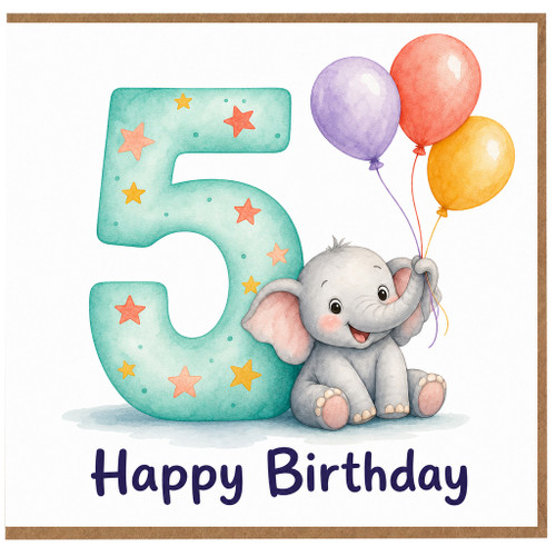 5th Birthday Card, Cute Elephant and Balloons Happy Birthday Card