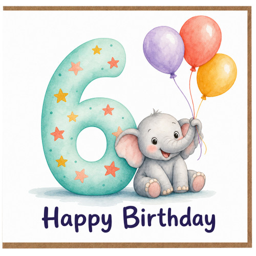 6th Birthday Card, Cute Elephant Happy Birthday Card
