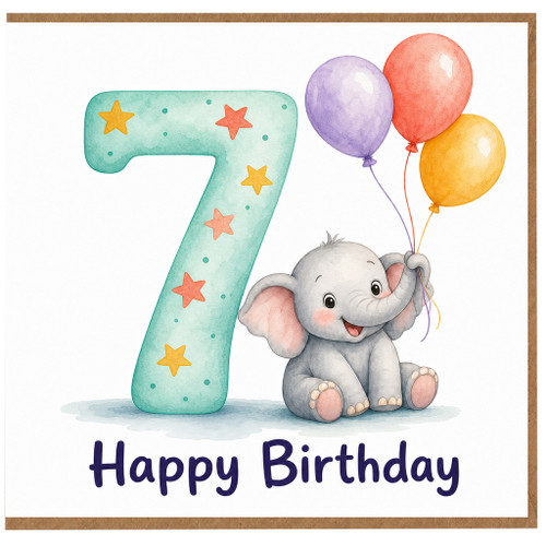 7th Birthday Card Cute Elephant with Balloons