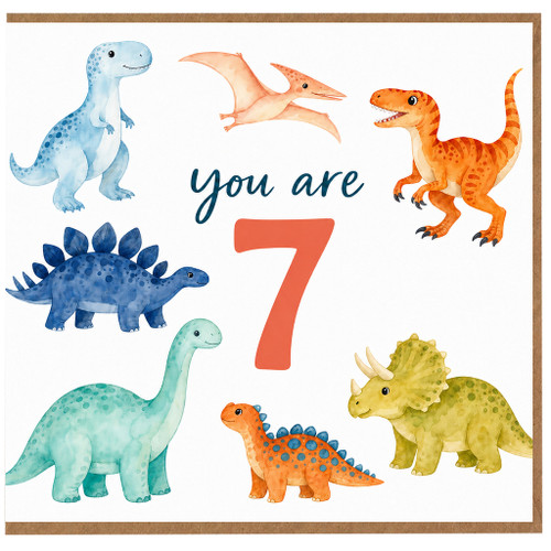 7th Birthday Card, Cute Dinosaur Card for Boy or Girl