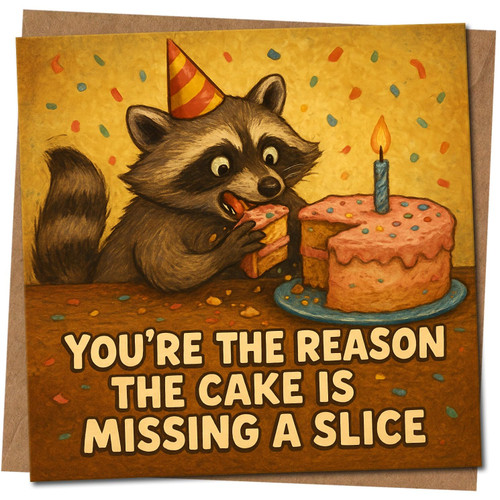 Funny Birthday Card - Raccoon and Cake - You're The Reason The Cake Is Missing A Slice - 145mm x 145mm Square Greeting Card, Includes Kraft Envelope