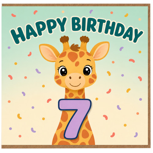 7th Birthday Card, Cute Giraffe Happy Birthday Card