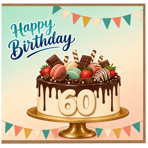 60th Birthday Card, Happy Birthday Chocolate Cake Design