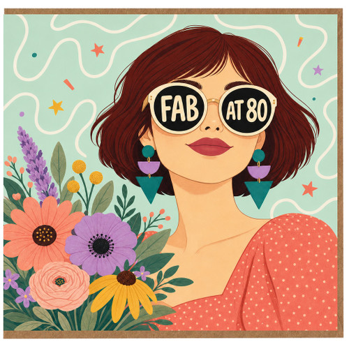 80th Birthday Card, Fab at 80 Woman with Flowers